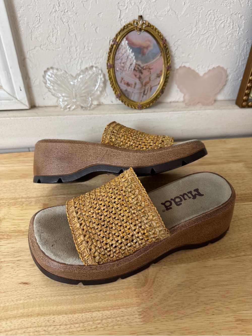 Mudd Y2K Raffia Platform Slide Sandals Size 7.5 Boho Chunky Wedge Slip On Mules